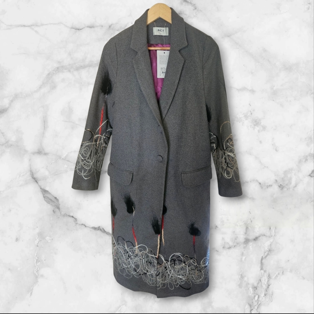 NOi 100% Wool Gray Embroidered Long Coat NWT (S/M)